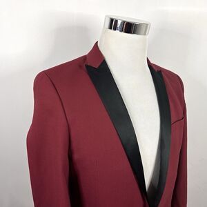 Asos 38R Tuxedo Jacket Red Black Peak Lapel One Button Lined Vented Poly Blend